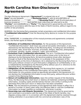 Blank  Non-disclosure Agreement Template for North Carolina
