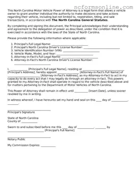 Blank  Motor Vehicle Power of Attorney Template for North Carolina