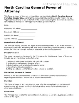Blank  General Power of Attorney Template for North Carolina