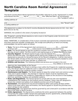 Blank  Room Rental Agreement Template for North Carolina