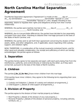 Blank  Marital Separation Agreement Template for North Carolina